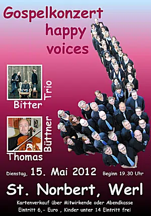 Konzertplakat zum Gospel-Konzert der happy voices Werl am 15.05.2012