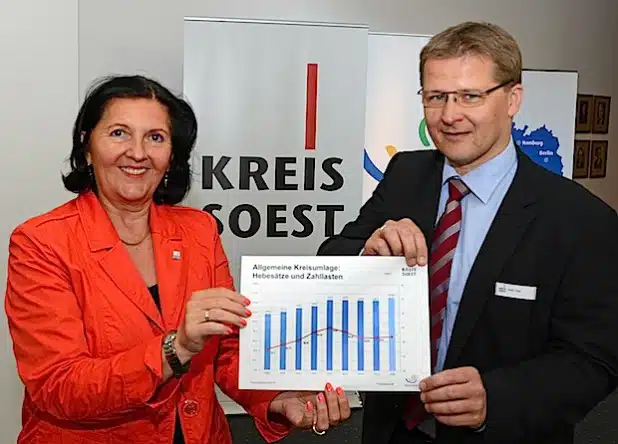 Landrätin Eva lrrgang und Kreiskämmerer Volker Topp haben am Donnerstag, 4. September 2014, während einer Pressekonferenz im Kreishaus den Stand der Haushaltsplanung 2015 vorgestellt (Foto: Judith Wedderwille/Kreis Soest).