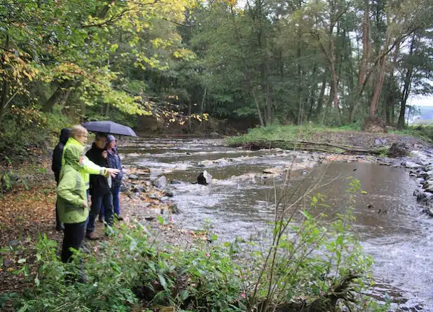 Von links: Ruth Brauner (Astrale/Particip), Philipp Büngeler (Untere Wasserbehörde), Frederik Kasperski (Praktikant), Alfons Matuszczyk (Abteilung Umwelt des Kreises Soest) und Stephanie Terren (Untere Landschaftsbehörde und Projektkoordinatorin) bei der Besichtigung des umgebauten Wehres in Sichtigvor – Mühlheimer Schlacht (Foto: Kreis Soest).