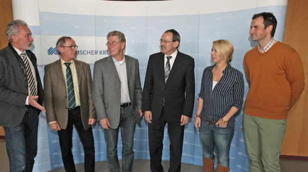 Trafen sich zum Gedankenaustausch (von links): Rainer Risse, Eckehard Beck, Günter Nülle, Landrat Thomas Gemke, Mandy Owczarzak und Sebastian Pahlke (Foto: Hendrik Klein/Märkischer Kreis).