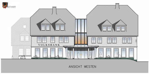 Bessere Beratung in angenehmer Atmosphäre. So soll Mitte nächsten Jahres die Hauptniederlassung der Volksbank Bigge-Lenne in Schmallenberg von außen betrachtet aussehen - Quelle: Volksbank Bigge-Lenne eG