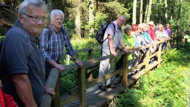 Begeisterte Wanderer auf den Holzstegen im romantischen Renau-Quellgebiet (Foto: Wolfgang Veidel).