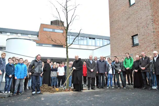 Gemeinsam mit den Spendern Bürgermeister Christoph Weber, Architekt Guido Hülsmann sowie Uli Hess und Manfred Breider vom Freundeskreis Königsmünster pflanzten Abt Aloysius Althaus OSB und Schulleiter Heinz-Jürgen Plugge die Bäume auf dem unteren Schulhof des Benediktiner-Gymnasiums (Foto: Stadt Meschede).