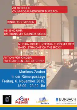 Besondere Angebote und ein buntes Programm: Auch in diesem Jahr lädt die Aktionsgemeinschaft Lebendiges Burbach e. V. zusammen mit den teilnehmenden örtlichen Geschäften zum alljährlichen Martinus-Zauber in der Römer-Passage und im Ortskern ein. Quelle: GEMEINDE BURBACH