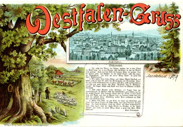 Ansichtskarte mit einer Stadtansicht von Iserlohn und dem Text des Westfalenliedes von Emil Rittershaus, um 1899 (Quelle: Verlag von Willy Hoehl, Lithografische Kunst-Anstalt, Hannover/Stadtarchiv Iserlohn)